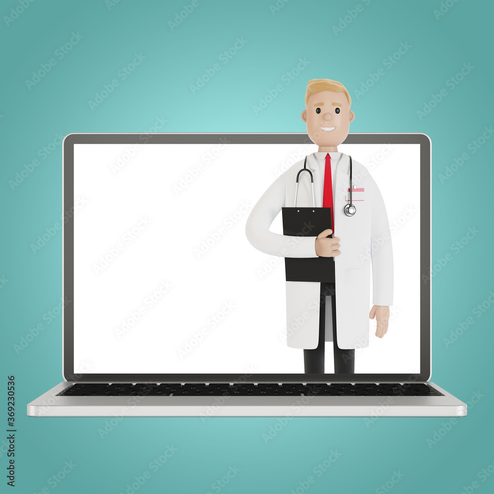 Laptop screen with male doctor. Online health insurance concept. The doctor holds the contract. 3D illustration in cartoon style. Laptop screen with male doctor. Online health insurance concept. The doctor holds the contract. 3D illustration in cartoon style.