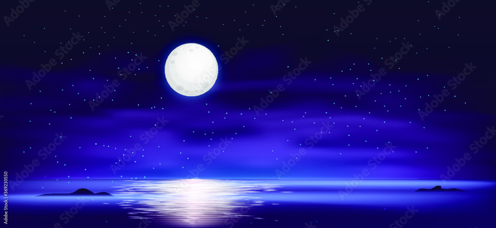 The ocean or sea. Sky with clouds and reflection of light in the water surface, romantic fantasy on the background of a natural scene. Cartoon vector illustration