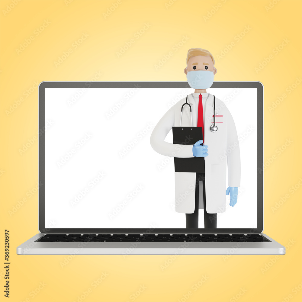 Laptop screen with male doctor. Online health insurance concept. The doctor holds the contract. 3D illustration in cartoon style.