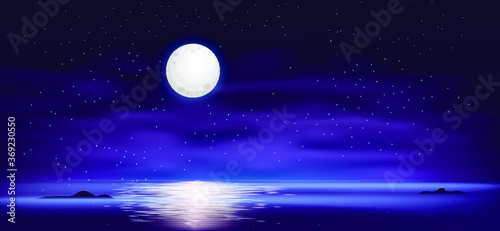 The ocean or sea. Sky with clouds and reflection of light in the water surface, romantic fantasy on the background of a natural scene. Cartoon vector illustration
