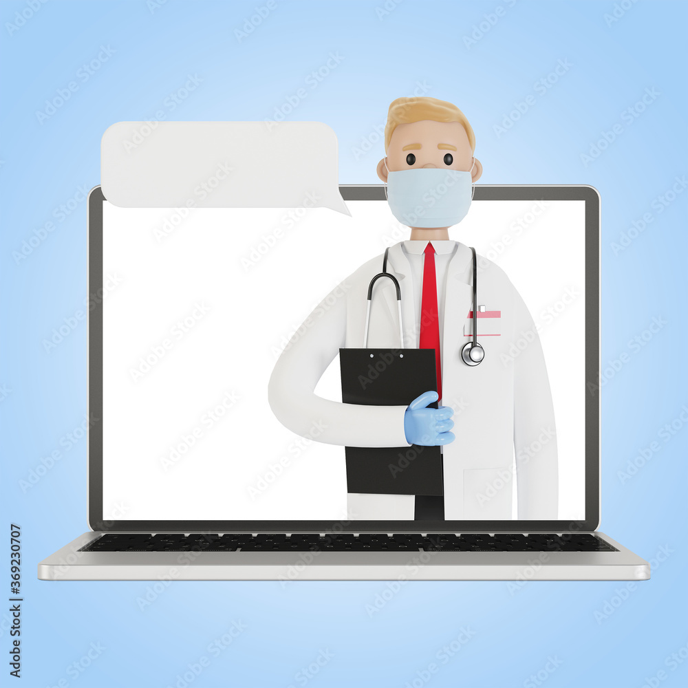 Laptop screen with male doctor. Online health insurance concept. The doctor holds the contract. 3D illustration in cartoon style. Laptop screen with male doctor. Online health insurance concept. The doctor holds the contract. 3D illustration in cartoon style.