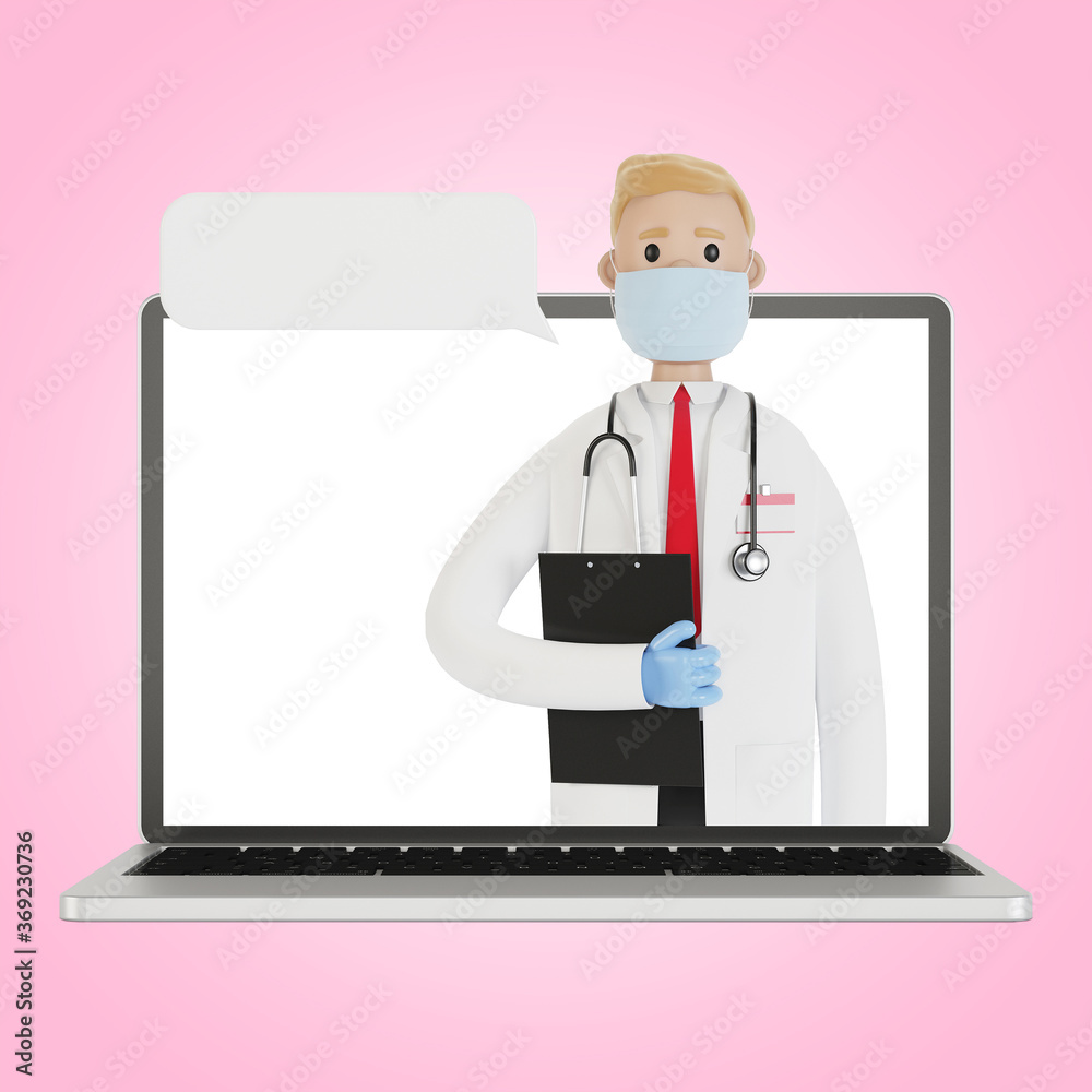 Laptop screen with male doctor. Online health insurance concept. The doctor holds the contract. 3D illustration in cartoon style.
