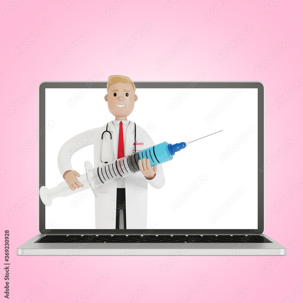 Male doctor with a big syringe in the laptop screen. 3D illustration in cartoon style. Male doctor with a big syringe in the laptop screen. 3D illustration in cartoon style.