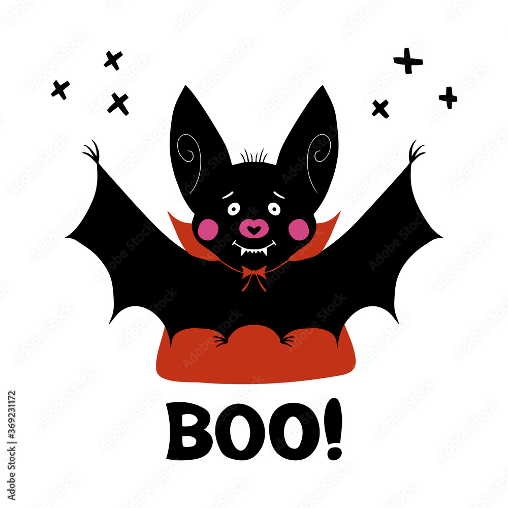 Cute cartoon vampire bat with fangs and red cloak. Doodle cross elements and boo word. Halloween greeting card. Isolated on white background. Vector stock illustration.