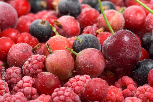 frozen fruit cherry  raspberry  blackcurrant in bags  close-up view from above