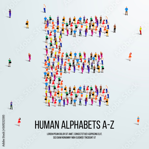 large group of people form to create capital letter E. clean vector people alphabet or people font. letter or alphabet E.