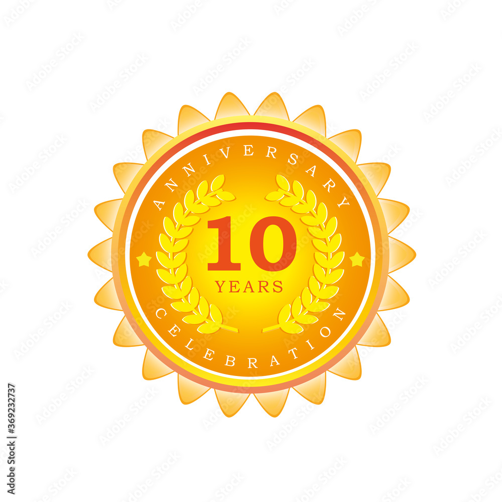 10 Years anniversary Golden badge logo. Vector illustration for your emblem design 10 Years anniversary Golden badge logo. Vector illustration for your emblem design