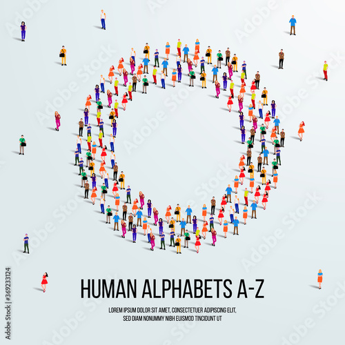 large group of people form to create capital letter O. clean vector people alphabet or people font. letter or alphabet O.