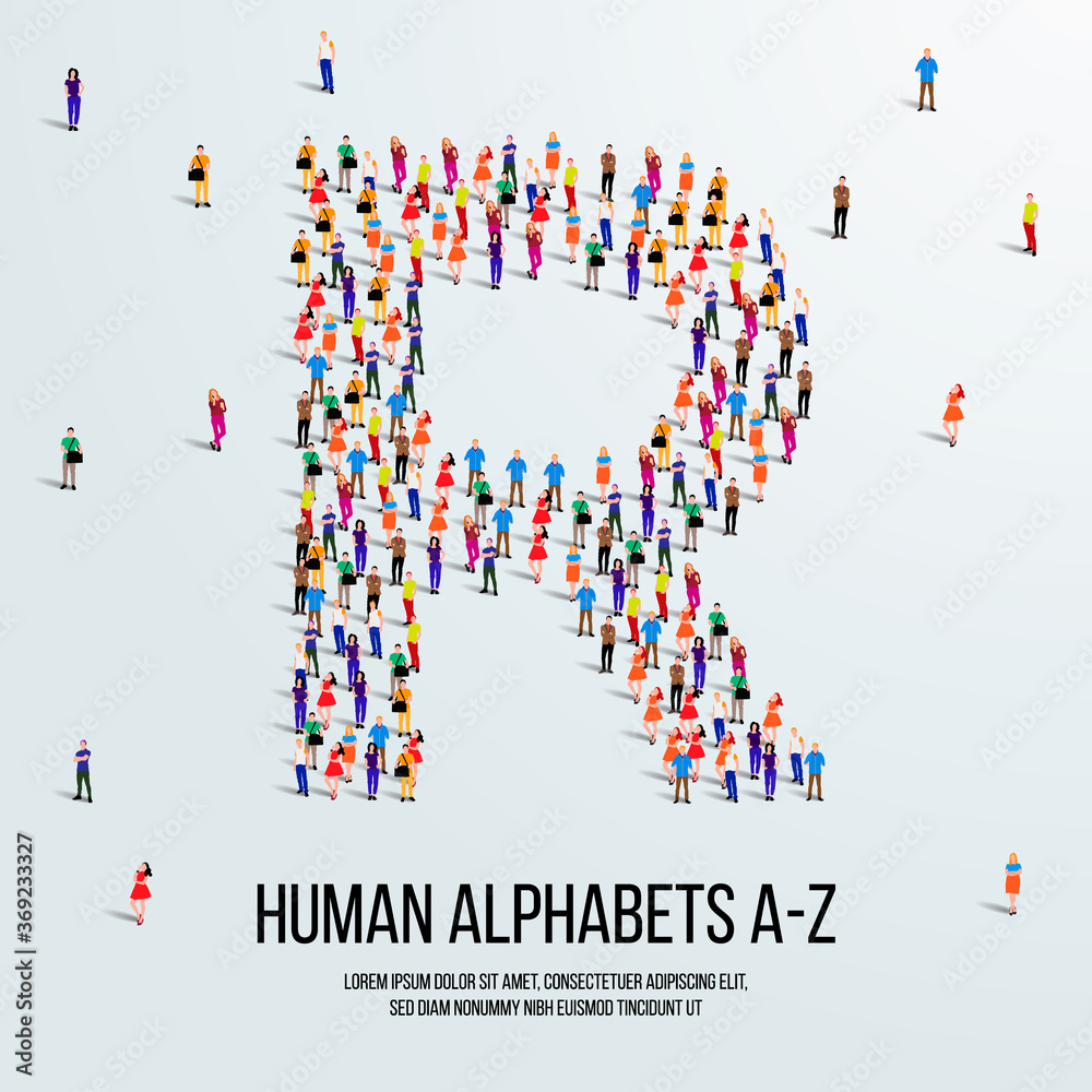 large group of people form to create capital letter R. clean vector ...