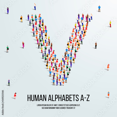 large group of people form to create capital letter V. clean vector people alphabet or people font. letter or alphabet V.