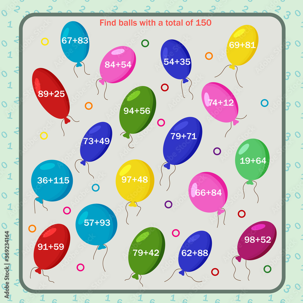 Math game for children. find balls with a total of 150 Math game for children. find balls with a total of 150