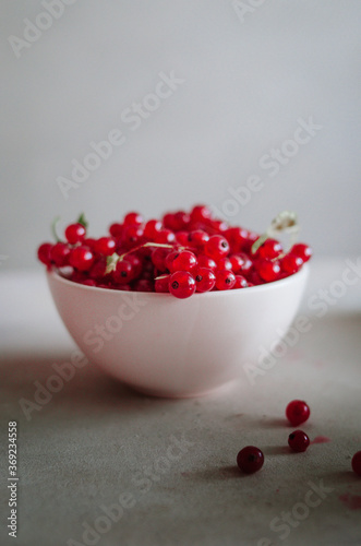 Bright fresh red currant in ivory bowl on white background 