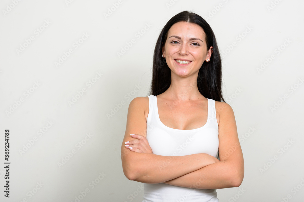 Portrait of happy beautiful woman against white background Portrait of happy beautiful woman against white background