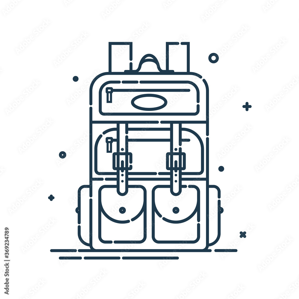 Backpack or schoolbag with pockets and zipper element. Education and study rucksack for students and traveling icon. Tourism bag. Front view. Flat line art illustration isolated on white background Backpack or schoolbag with pockets and zipper element. Education and study rucksack for students and traveling icon. Tourism bag. Front view. Flat line art illustration isolated on white background