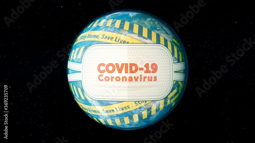 World medical concept. Planet Earth with face mask protect and Yellow Warning Tape