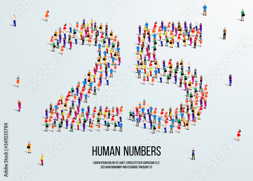 large group of people form to create number 25 or twenty five. people font or number. vector illustration of number 25.