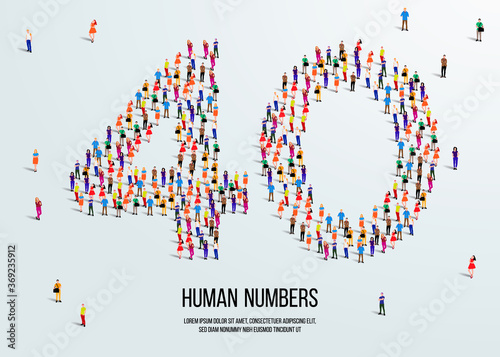 large group of people form to create number 40 or forty. people font or number. vector illustration of number 40.