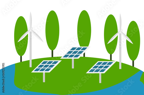 renewable energy concept. The earth using renewable energy from solar panels and wind turbines to electricity. it helps the environment of earth.