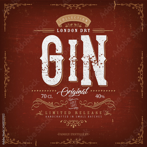 Vintage London Gin Label For Bottle/ Illustration of a vintage design elegant london dry gin label, with crafted lettering, specific product mentions, textures and hand drawn patterns