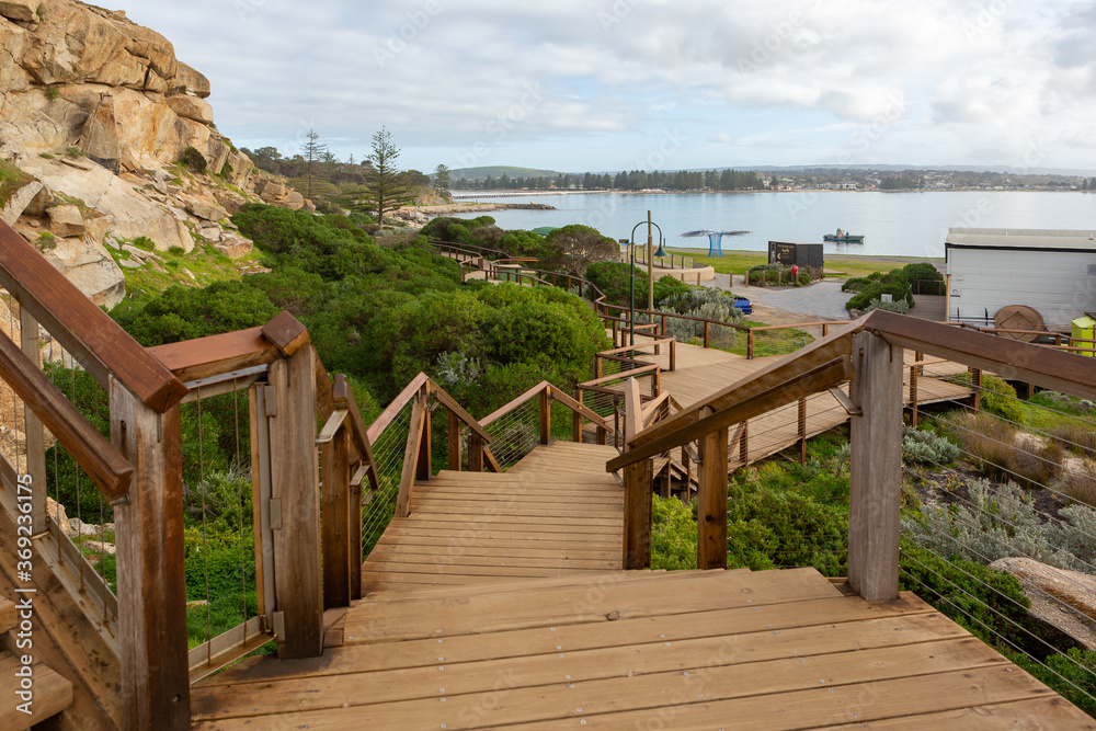 The wooden boardwalk on Granite Island Victor Harbor South Australia on August 3 2020