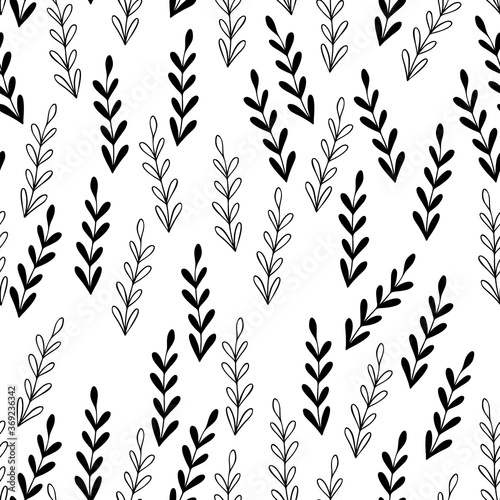 Fototapeta Naklejka Na Ścianę i Meble -  Floral seamless pattern with branches on white background. Ornament with tropic leaves, sprigs. Vector illustration for fabric, textile, wallpaper, posters, paper. Fashion print. Doodle style.