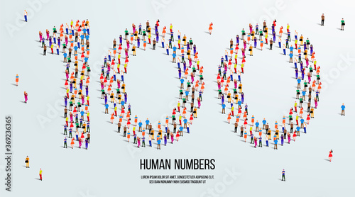 large group of people form to create number 100 or one hundred. people font or number. vector illustration of number 100.