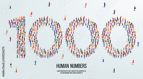 large group of people form to create number 1000 or one thousand. people font or number. vector illustration of number 1000.