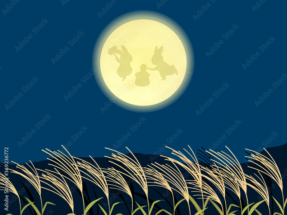 月見 餅つきをするウサギと満月とススキの風景イラスト Stock Vector Adobe Stock 月見 餅つきをするウサギと満月とススキの風景イラスト Stock Vector Adobe Stock