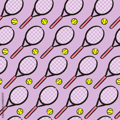Seamless hand drawn tennis pattern. Hand drawn Sport background with tennis racket and ball. Vector Illustration for the design of competitions, sports projects, tennis equipment.