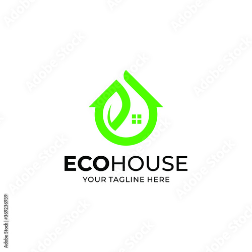 Eco House Logo icon Symbol App. Letter "e" + House + Leaf Shape.