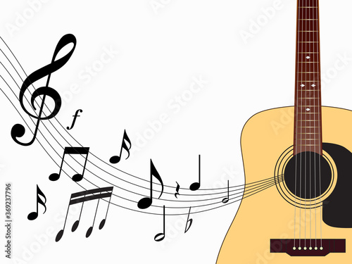 ギターと楽譜、音符のイラスト ベージュ Beige Guitar and Music sheet and note illustration