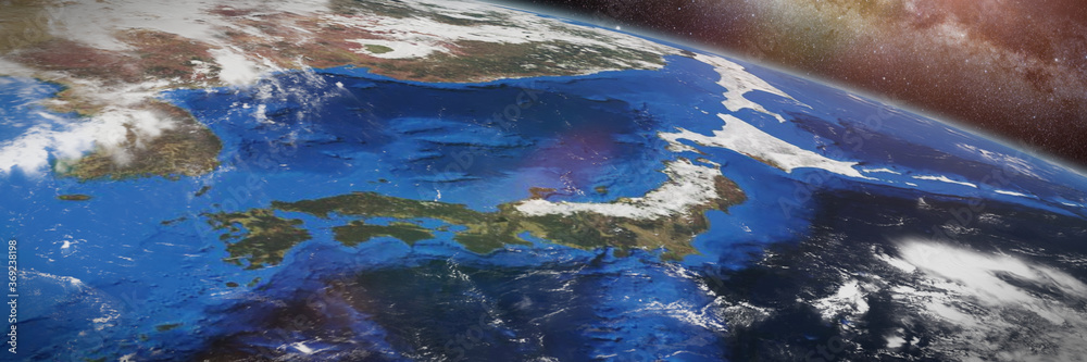 Japan from outer space, orbital view of planet earth, banner background