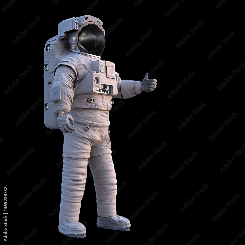 astronaut showing thumbs up, standing spaceman isolated on black background