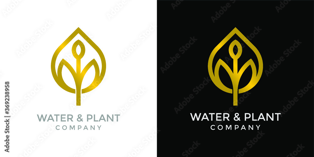 Water & Plant Logo Simple Design. Water Drop + Plant Gold Icon Symbol.