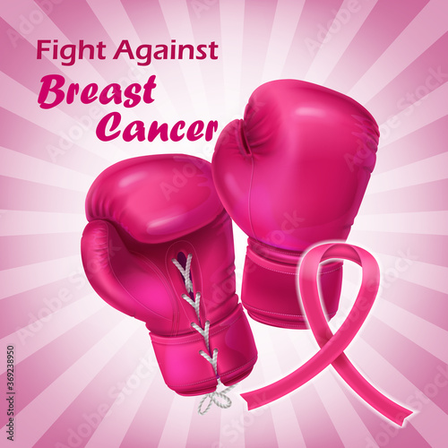 Breast cancer poster with realistic pink boxing gloves and ribbon. Women health care support symbol. Female hope and fight concept. World breast cancer awareness campaign.