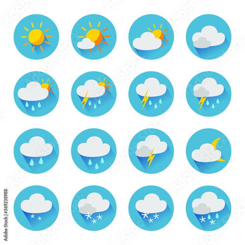 Weather icons sun and clouds in sky, rain with snow, thunder and lightning. Flat vector weather and meteorology for mobile and web application