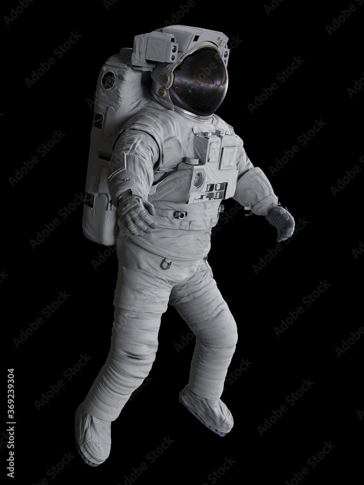 astronaut flying in outer space, isolated on black background