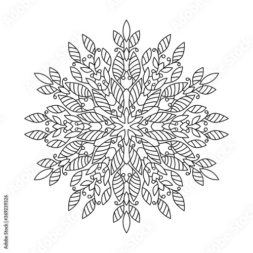 Floral fantasy mandala with leaf and striped decor on white isolated background. For coloring book pages.