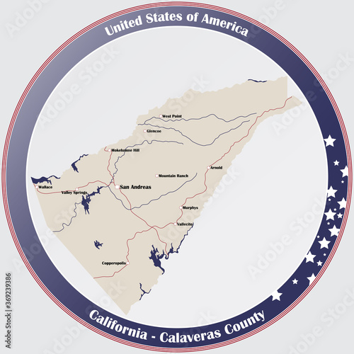 Round button with detailed map of Calaveras County in California, USA. photo