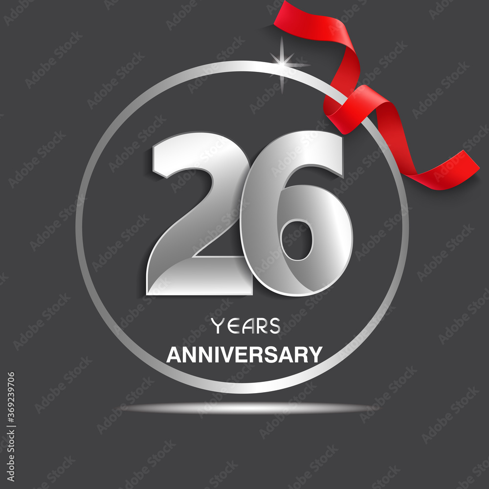 Obraz premium 26 years anniversary logotype design with red ribbon, Vector template for celebration company event, greeting card, and invitation card