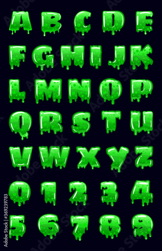 Slime Font green bubbling toxic mold. Letters numbers