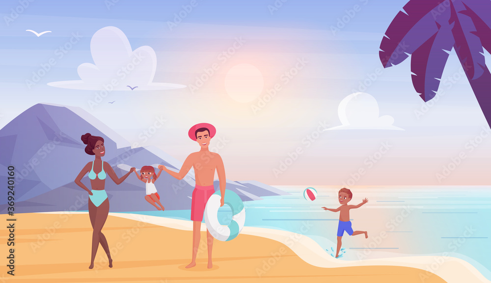Happy family on sea beach flat vector illustration. Cartoon tourist people, mother father and children characters have fun together on summer beachfront vacation, seaside summertime tourism background