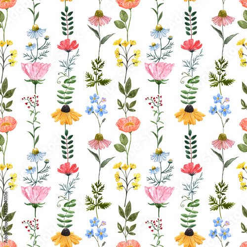 Colorful wildflowers seamless pattern on white background. Watercolor hand pa...