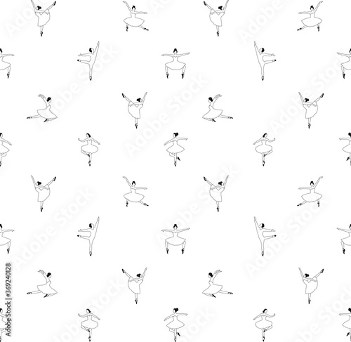 Ballet dancers seamless pattern in black and white colors. Colored page for adults. Line art illustration