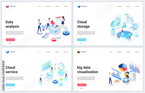 Isometric digital technology of big data analysis vector illustrations. Cartoon 3d mobile website design, concept banner set for database cloud storage services, analyzing and storing tech information