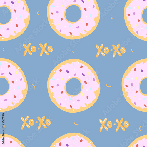 Cute donut patten. Vector illustration on a blue background.
