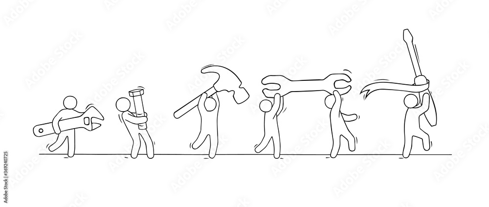 Doodle cartoon little men and tools. Doodle cartoon little men and tools.