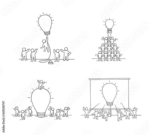 Doodle set of workers with lamp ideas