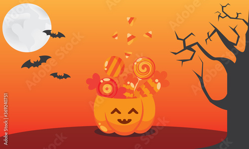 Halloween background with pumpkin, candy tree and bats. Vector cartoon flat design.
