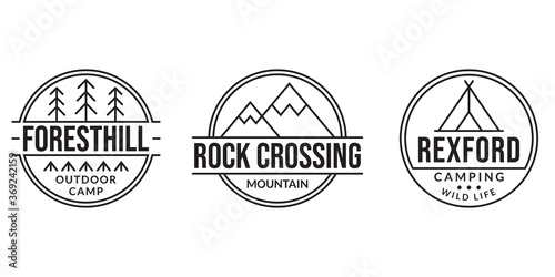 Camp logo set. Camping badges with forest, mountain and tourist tent or teepee. Outdoor emblems. Vector illustration.